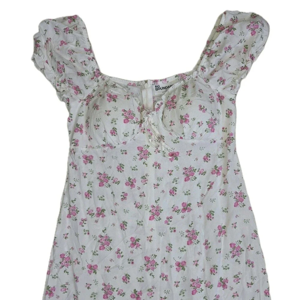 No Boundaries White Floral Rose Midi Dress Puff Sleeves Size S 4-6